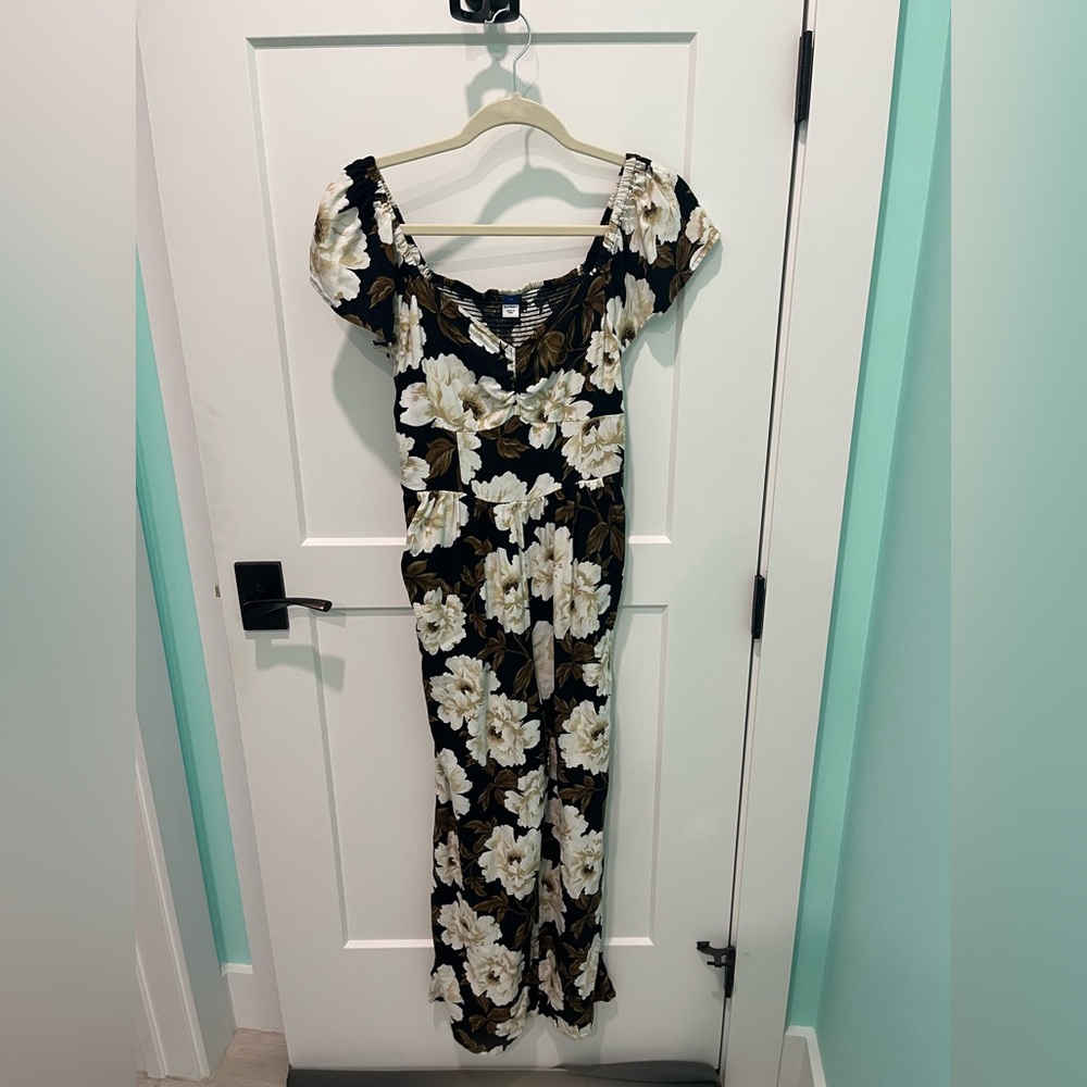 Old Navy Black and Cream Floral Jumpsuit